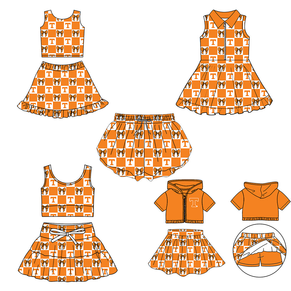 Custom moq 3 or 5 mix size milk silk summer teams baby girl clothes orange sleeveless skirts sets 3 and dresss and shorts-26.1.20