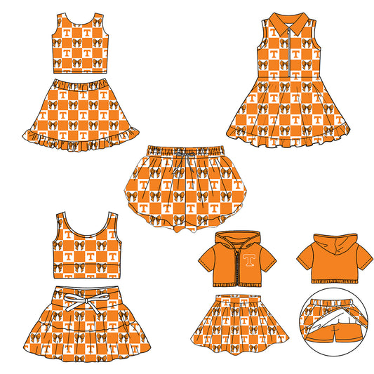 Custom moq 3 or 5 mix size milk silk summer teams baby girl clothes orange sleeveless skirts sets 3 and dresss and shorts-26.1.20