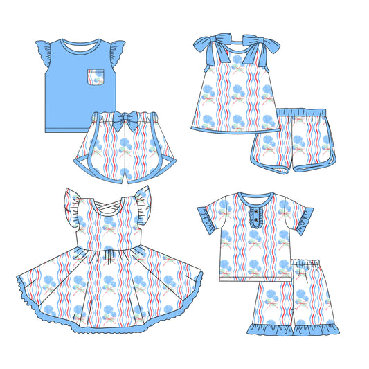 3.12 custom each style moq 5eta 4-6week Sibling Sister floral bow baby girls short sleeve set and set 2 and sets 3 and dress match design