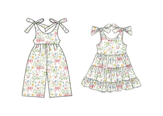 25.10.13 custom each style moq 5 eta 6-8week Sibling Sisters floral bow baby girl long sleeve dress and jumpsuit match family design