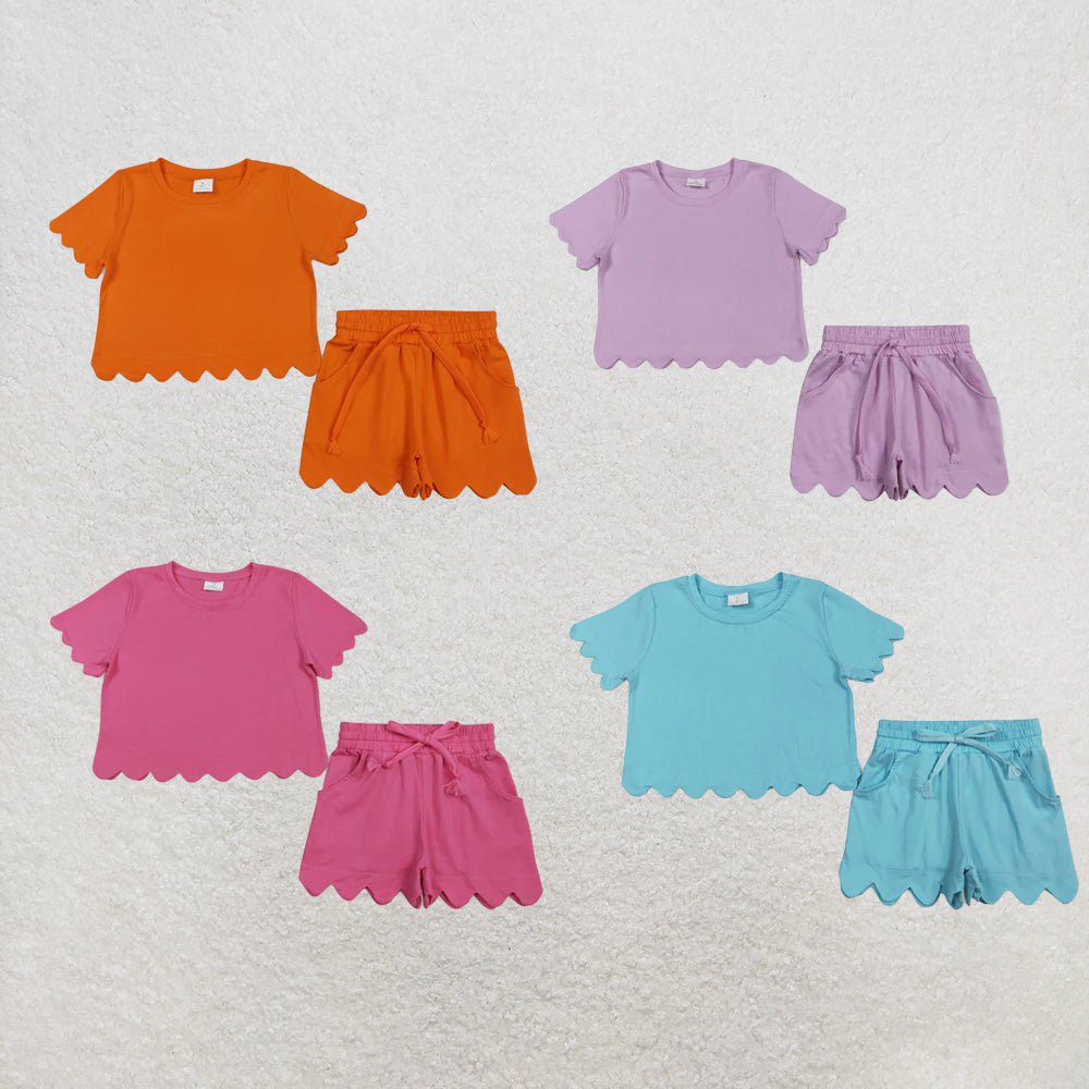 RTS NO MOQ Sibling Baby Girls Lavender Short Sleeve Shirts Top Scallop Shorts Clothes Sets