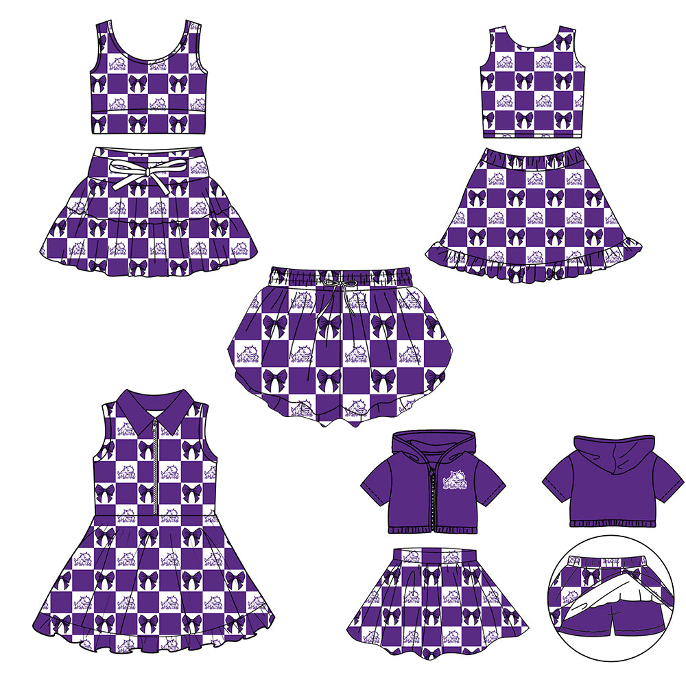 Custom moq 3 or 5 mix size milk silk summer teams baby girl clothes bow purple sleeveless skirts sets 3 and dresss and shorts-26.1.26