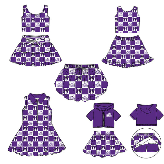 Custom moq 3 or 5 mix size milk silk summer teams baby girl clothes bow purple sleeveless skirts sets 3 and dresss and shorts-26.1.26