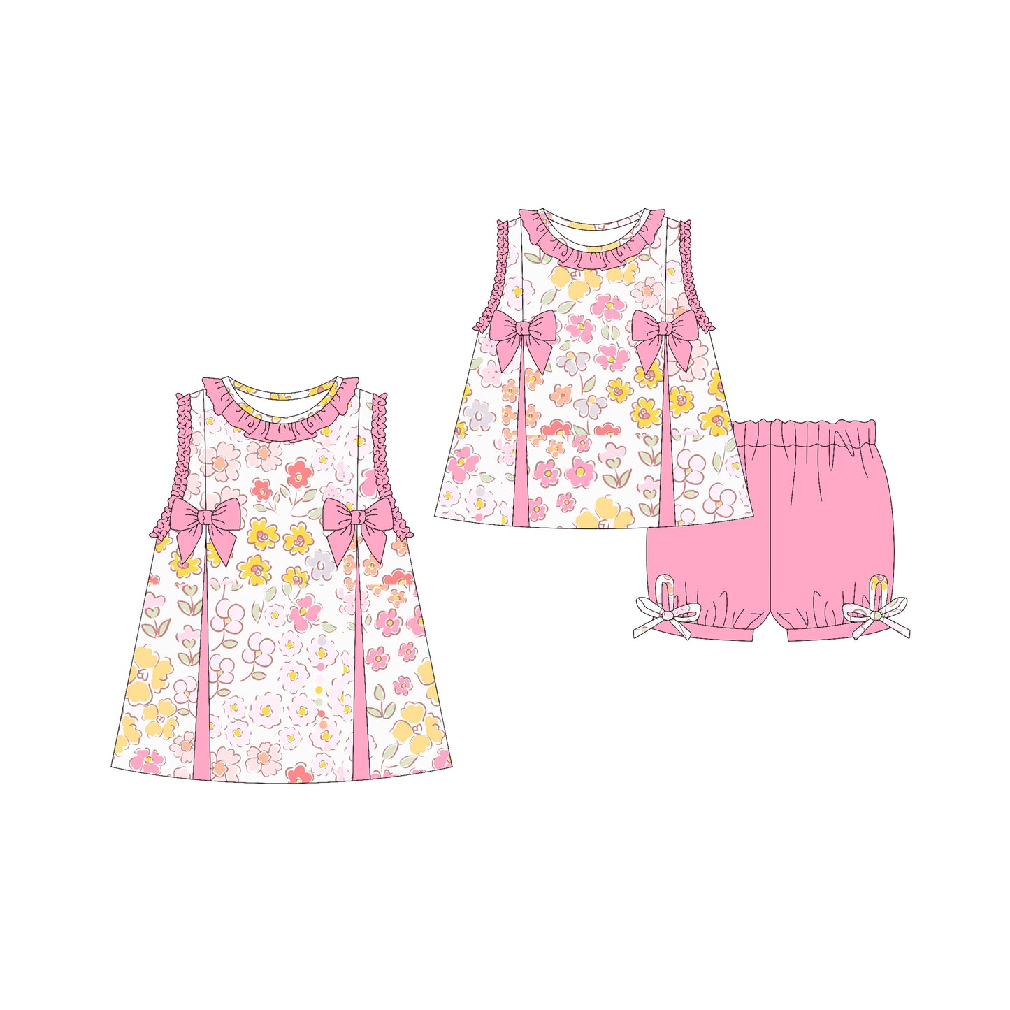 3.21 custom each style moq 5eta 4-6week Sibling Sister bow floral baby girl short sleeve shorts sets and dresses match design