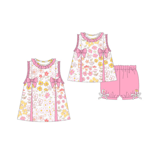 3.21 custom each style moq 5eta 4-6week Sibling Sister bow floral baby girl short sleeve shorts sets and dresses match design