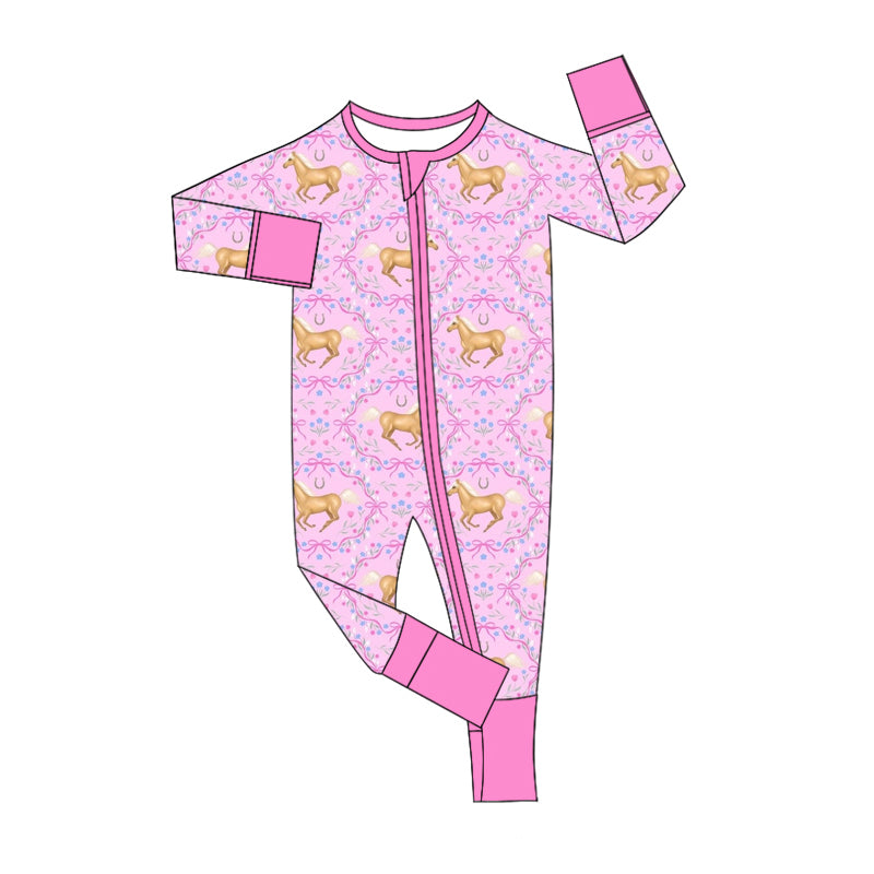 9.23 custom each style moq 5eta 4-6week Sibling Sister horse bow pink baby girls sets and rompers match family design