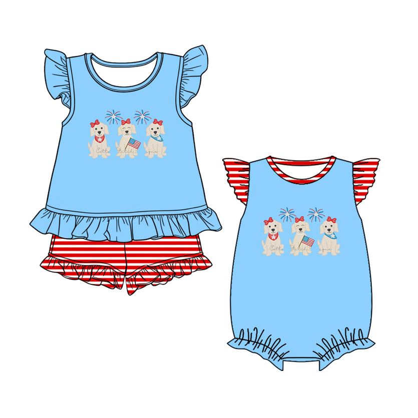 2.27 Custom moq 5 mix size Sibling Baby Girl's Blue Flutter-Sleeved Top And Shorts Romper Set Cute 4th of July Outfit for Girls