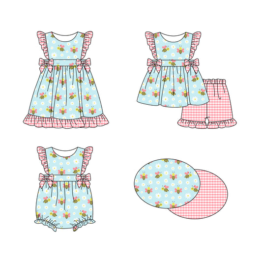 11.18 custom each style moq 5eta 4-6week Sibling Sister bee floral baby girl short sleeve shorts sets and dress and rompers match family design