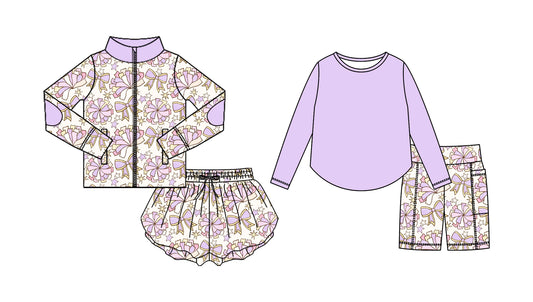 25.8.30 custom each style moq 5eta 4-6week Sibling Sisters bow purple baby girl long sleeve shorts sets and skirts sets match family design