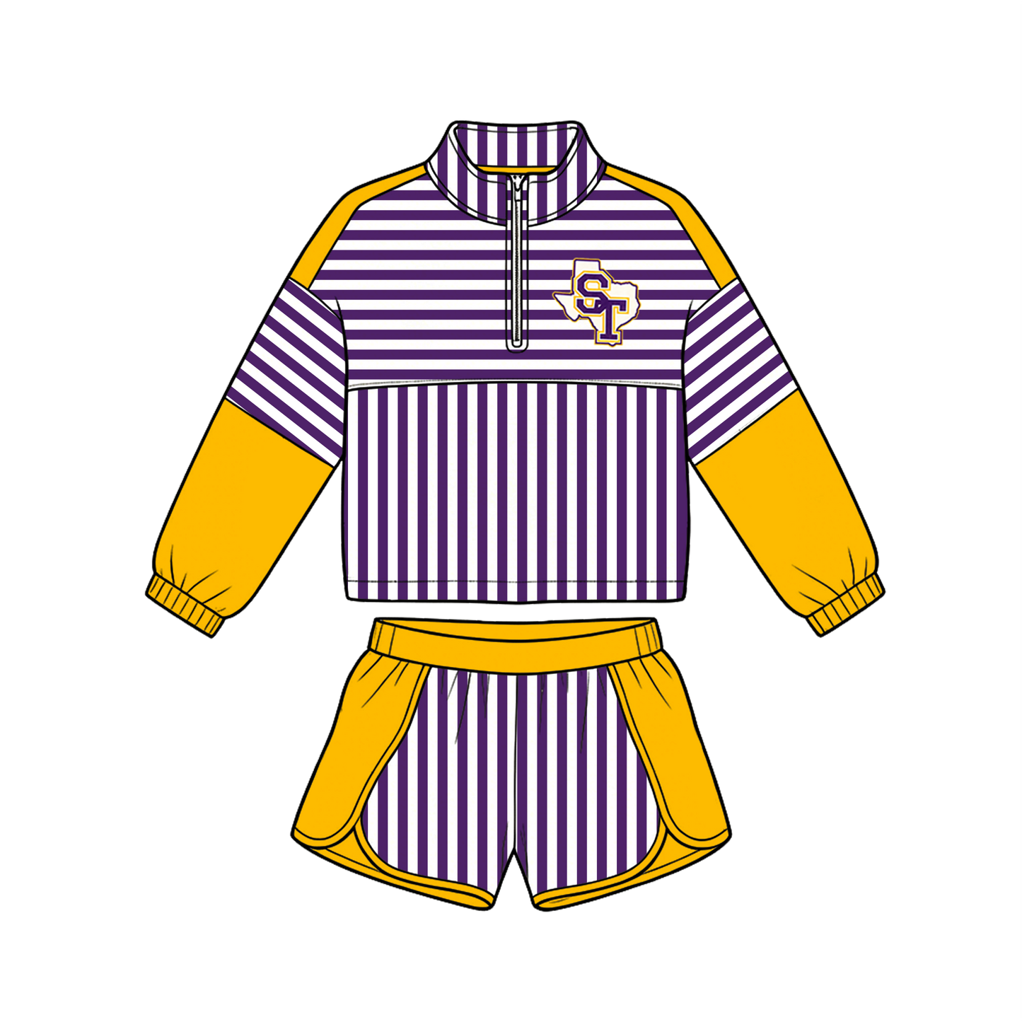 custom moq 5 mix size MSD072306 Baby Girls Stripe Zip Pullover Long Sleeve Team Top Shorts Sets