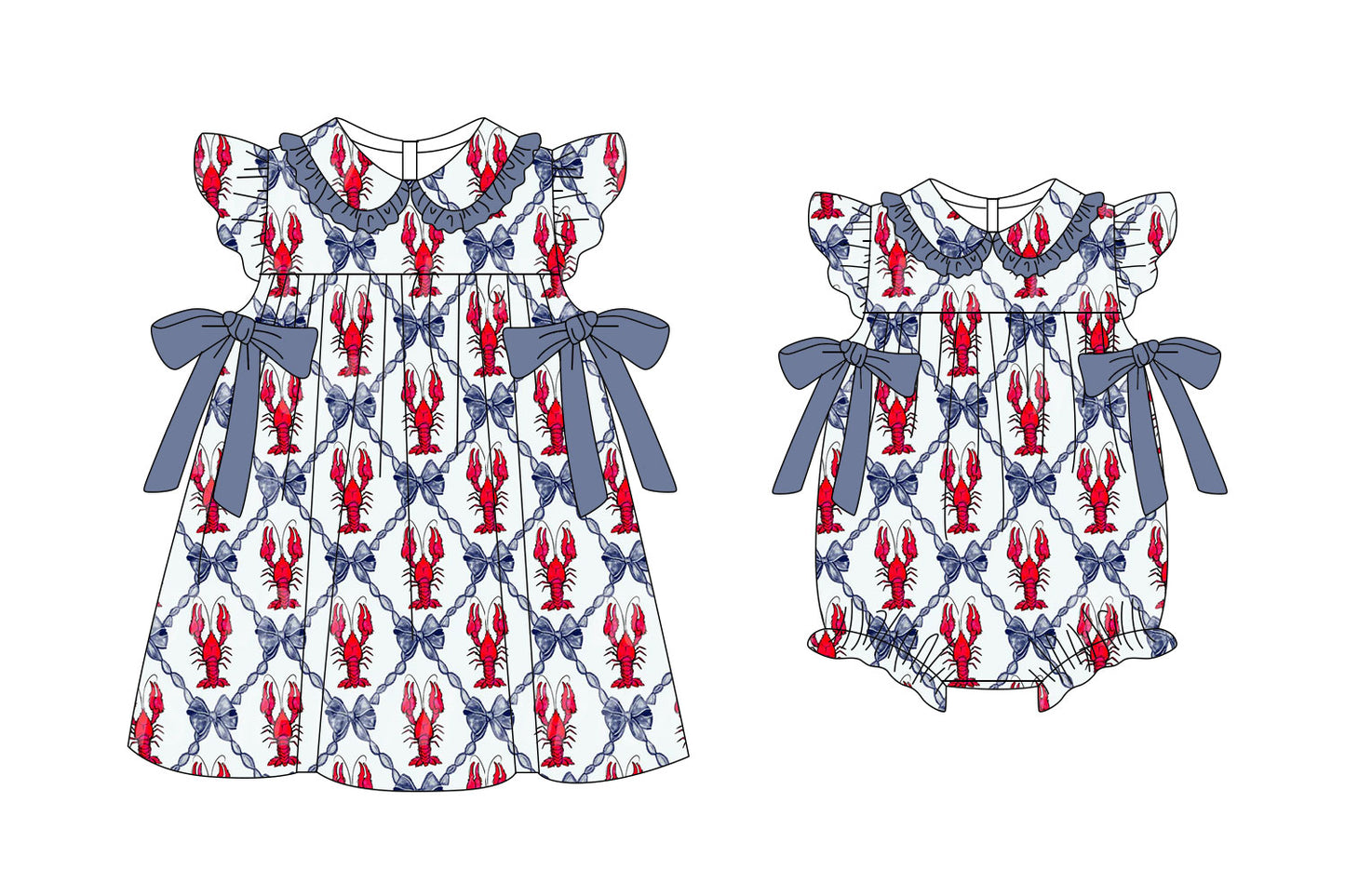 25.11.10 custom each style moq 5 eta 6-8week Sibling Sister bow lobster baby short sleeve romper and dress match design