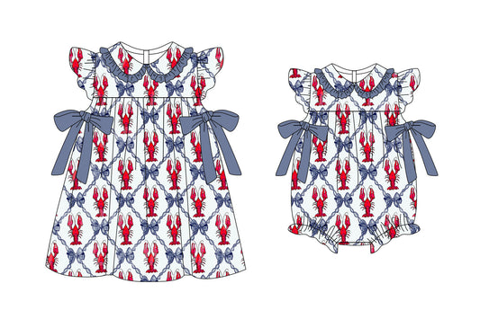 25.11.10 custom each style moq 5 eta 6-8week Sibling Sister bow lobster baby short sleeve romper and dress match design