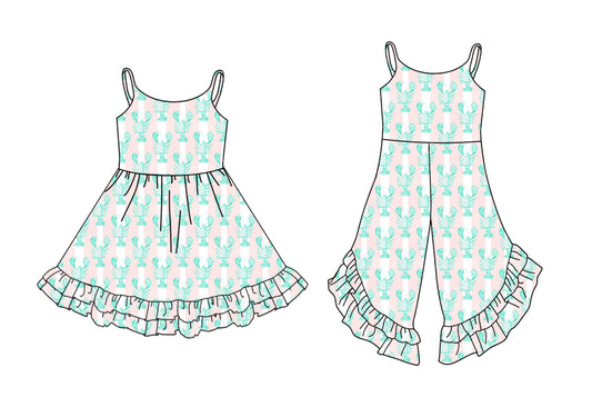 25.12.4 custom each style moq 5 eta 6-8week Sibling Sister crayfish baby girl clothes suspender jumpsuit and dress match design