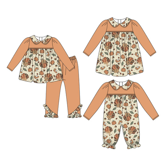 25.6.13 custom each style moq 5eta 4-6week Sibling Sisters pumpkin baby girl long sleeve pants sets and dress and rompers match family design