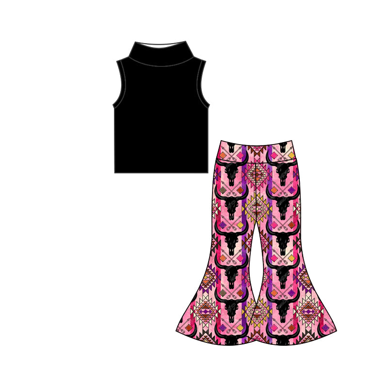 10.19 custom each style moq 5eta 4-6week baby girls clothes black sleeveless cow head pants sets