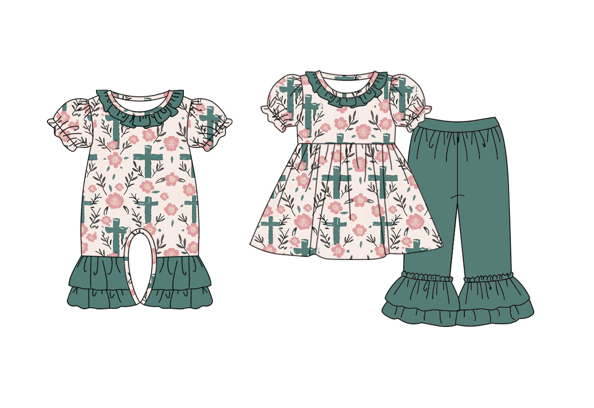 11.1 custom each style moq 5eta 4-6week Sibling Sister easter floral baby girls short sleeve sets and rompers match design