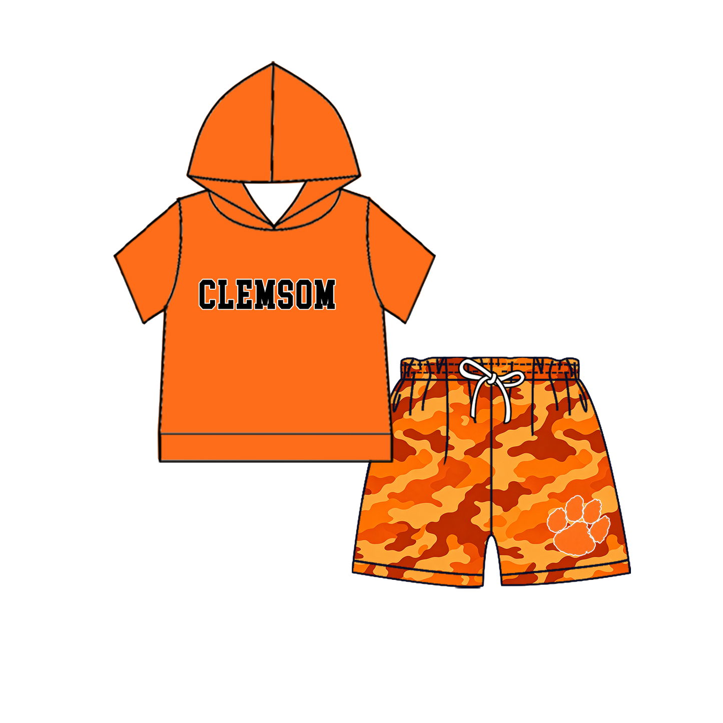 custom moq 5 mix size MSD070906 Baby Kids Short Sleeve Hooded Top And Camo Elastic Waist Shorts Clothes Set