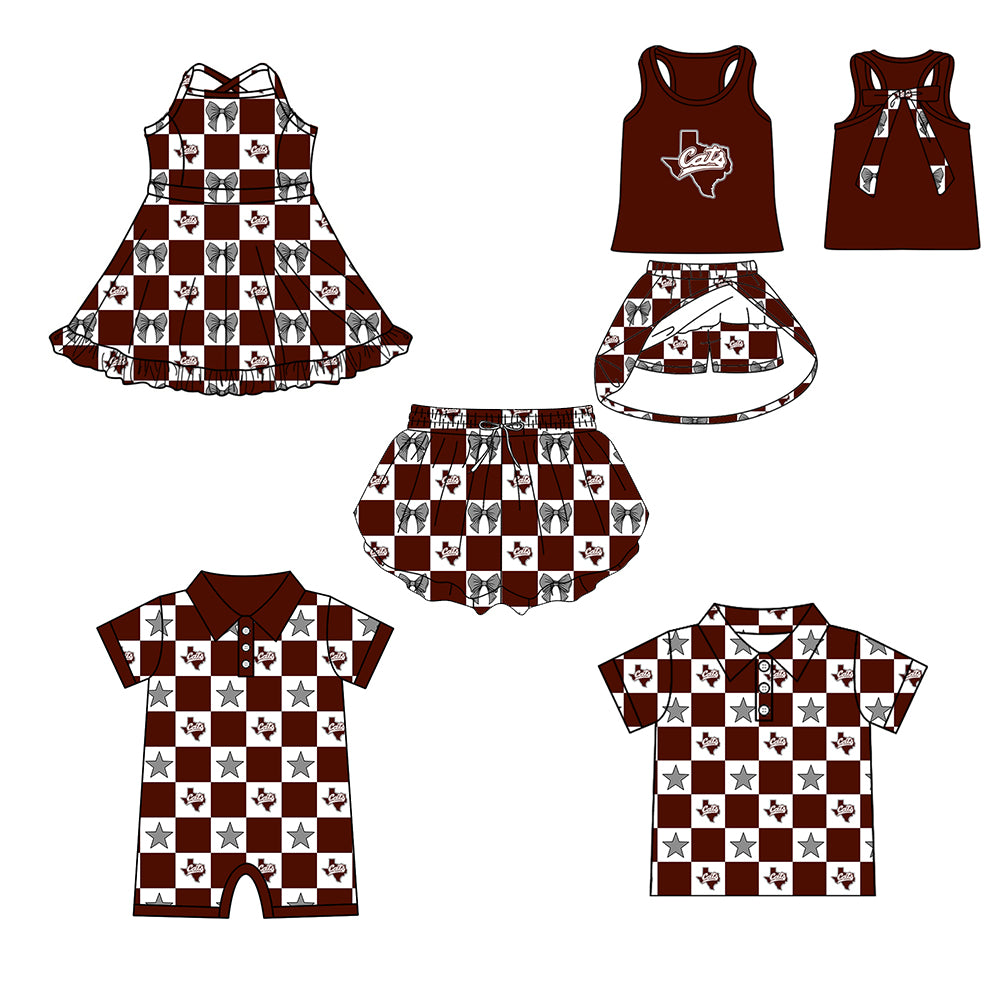 Custom moq 5 mix size milk silk summer teams Baby Girl Dark Red Sleeveless Top Skirts Set Dress And Shorts Yoga Outfit Boy's Short-Sleeved Polo Shirt And Romper