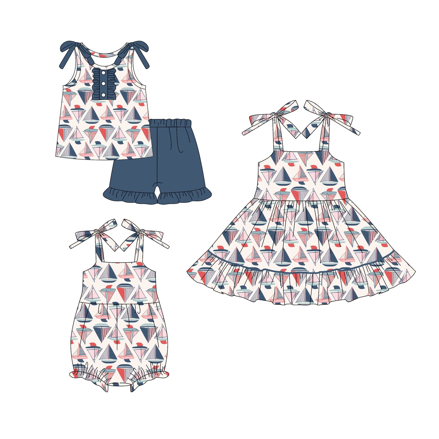 Custom moq 5 mix size Sibling Baby Girl's Dark blue sleeveless Top And Shorts Set Cute Romper Dress for Summer