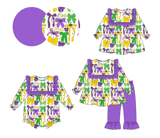 25.9.10 custom each style moq 5eta 4-6week Sibling Sisters mardi gras bow baby girl long sleeve pants sets and dress and rompers match family design