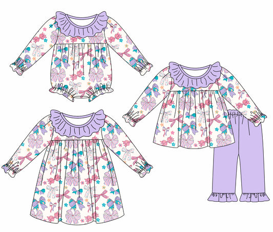 25.5.29 custom each style moq 5eta 4-6week Sibling Sisters bow floral baby girl long sleeve pants sets and dress and rompers match family design