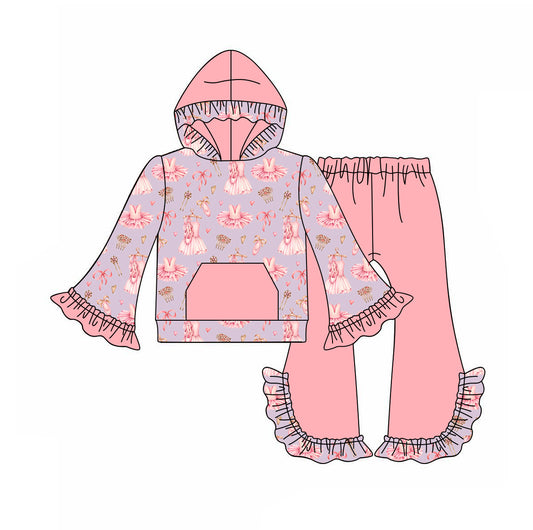 5.30 custom each style moq 5 eta 4-5week baby girls clothes ballet shoes pink hooded long sleeve lace pants outfits
