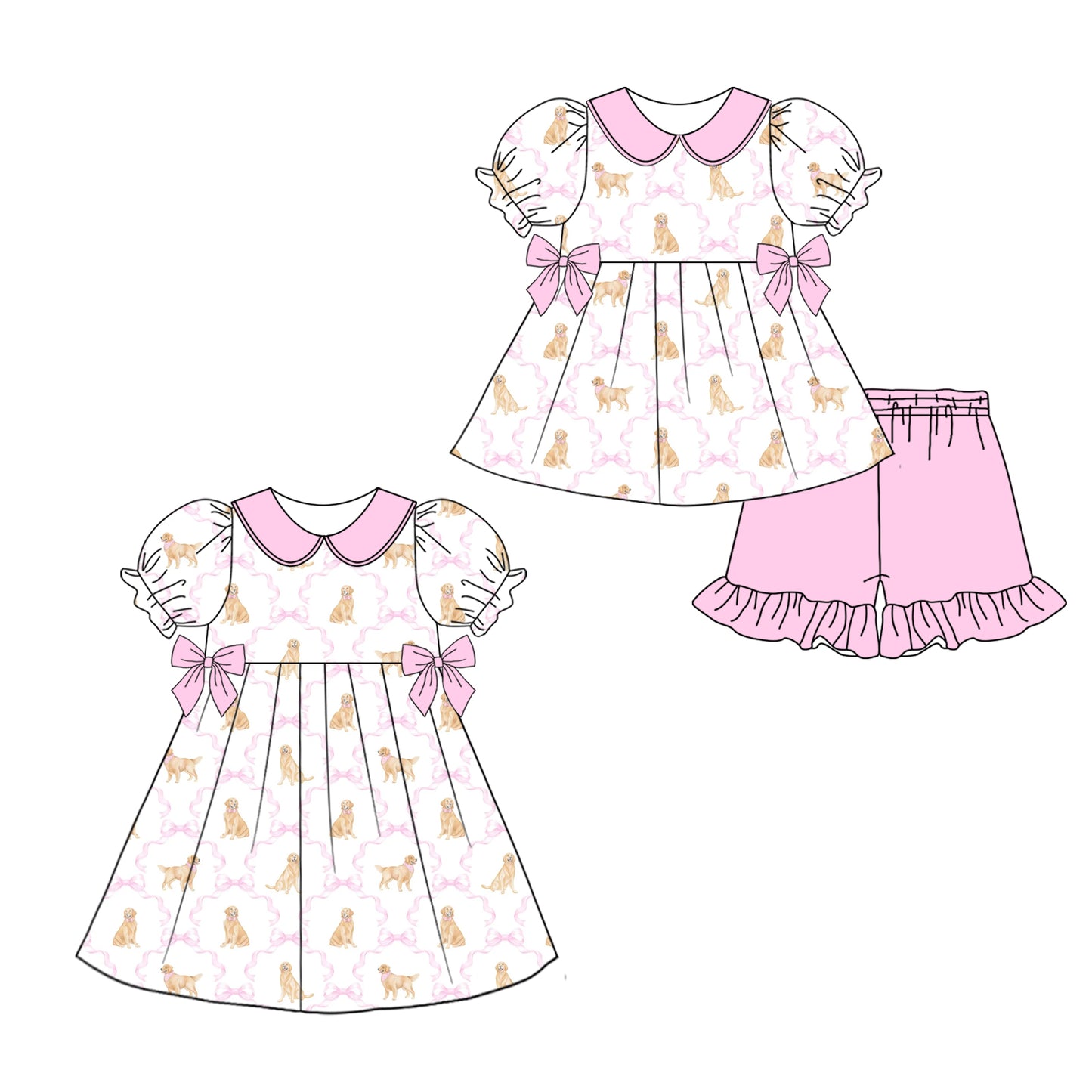 12.26 custom each style moq 5eta 4-6week Sibling Sister puppy bow baby girl short sleeve shorts sets and dresses match design