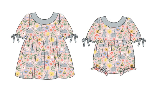 25.10.3 custom each style moq 8 eta 6-8week Sibling Sisters bunny floral baby girl short sleeve dress and rompers match family design