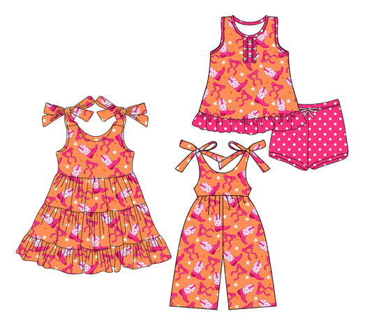 4.14 custom each style moq 5eta 4-6week Sibling Sister boots bow baby girl short sleeve shorts sets and dresses and jumpsuit match design