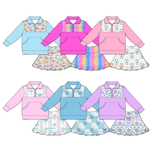 4.13 Custom moq 5 mix size Sibling Baby Girls Colorful Flowers Long-Sleeved Zip-Up Top with Pockets Scallop Short Skirt Set