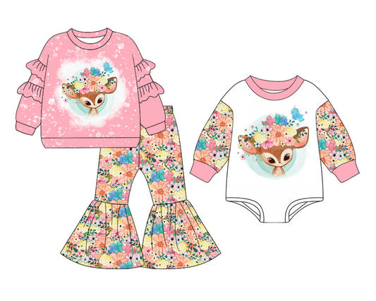 25.7.7 custom each style moq 5eta 4-6week Sibling Sisters deer floral baby girl long sleeve pants sets and rompers match family design