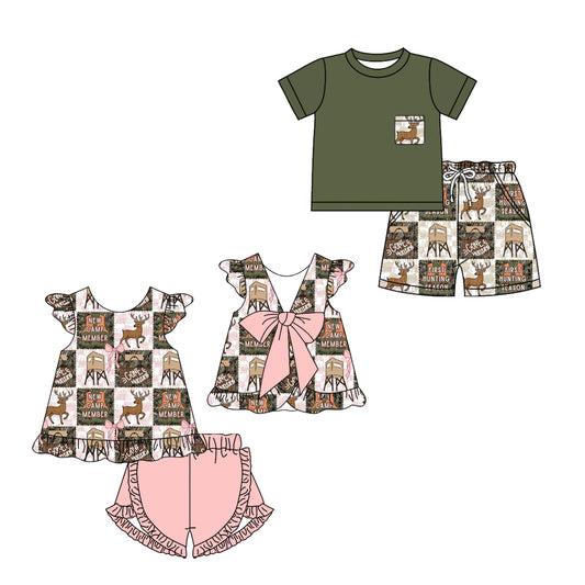 Custom moq 5 mix size Sibling Baby Girl's Plaid Green Top And Shorts Set with Flutter Sleeves Baby Boy's Matching Outfit Set