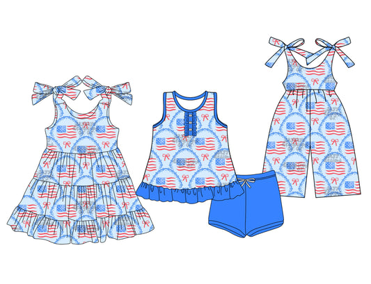 3.15 custom each style moq 5eta 4-6week Sibling Sister bow flag baby girl short sleeve shorts sets and dresses and jumpsuit match design