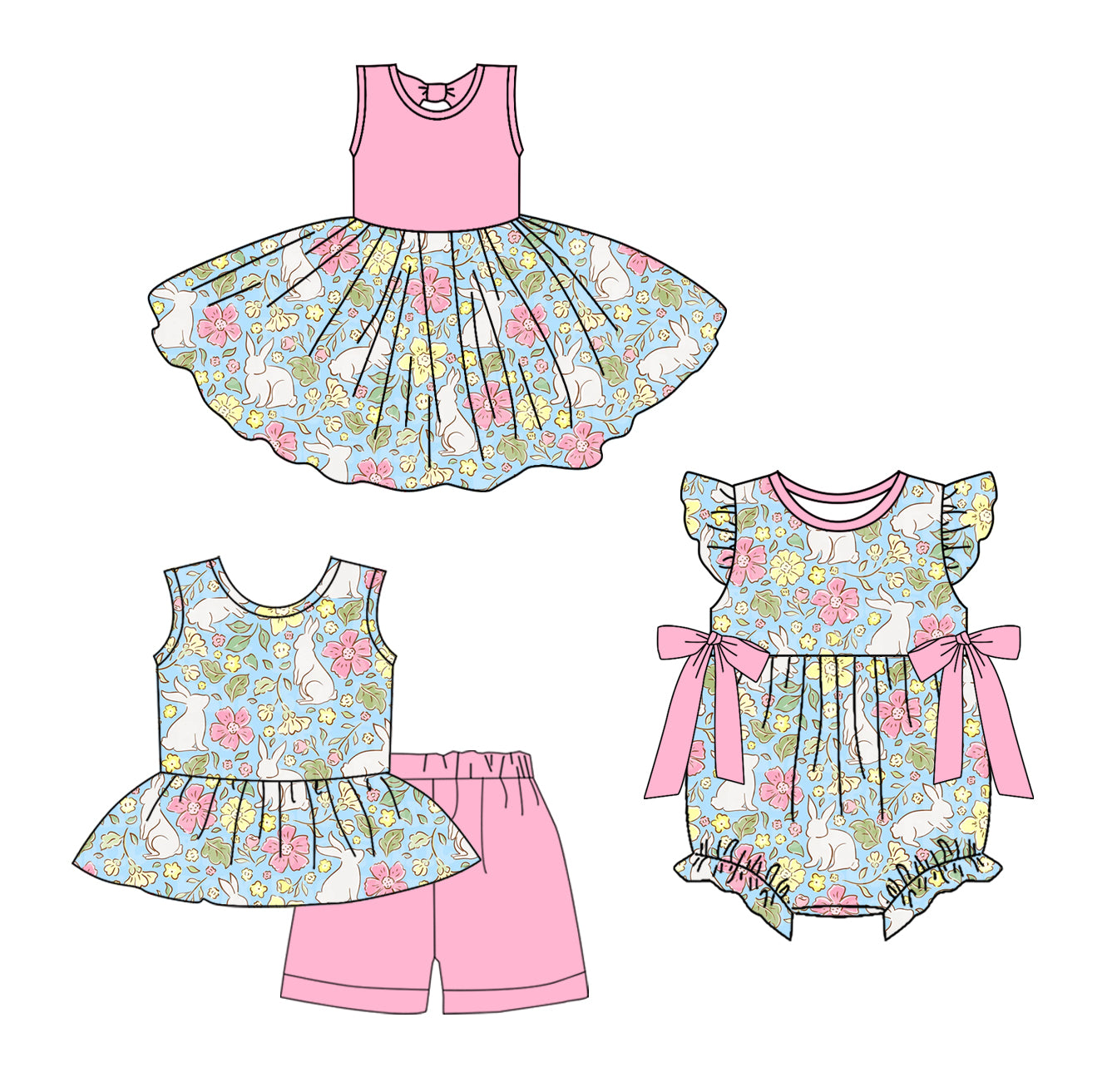 25.12.29 custom each style moq 5 eta 6-8week Sibling Sister bunny floral baby short sleeve shorts sets and romper and dress match design