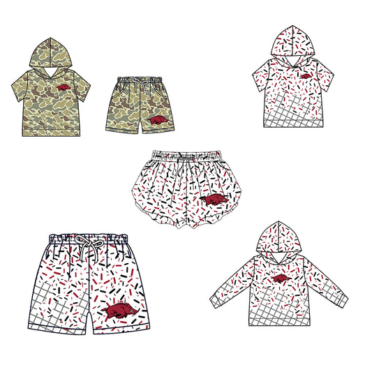 Custom moq 5 mix size milk silk summer teams Baby Camo Hooded Short Sleeve Top and Shorts Set Ice Cream Drips White Hooded Top with Matching Shorts