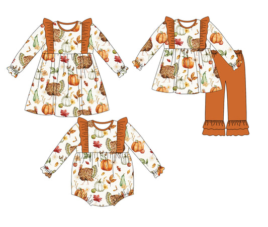 25.6.7 custom each style moq 5eta 4-6week Sibling Sisters pumpkin turkey baby girl long sleeve pants sets and dress and rompers match family design