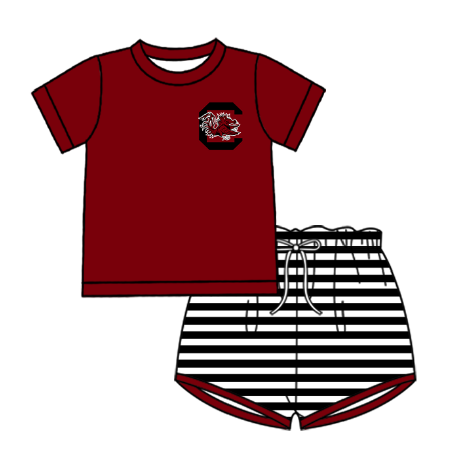 Custom moq 5 mix size milk silk summer teams baby girl boys clothes dark red short sleeve shorts sets and swimsuit and rompers series