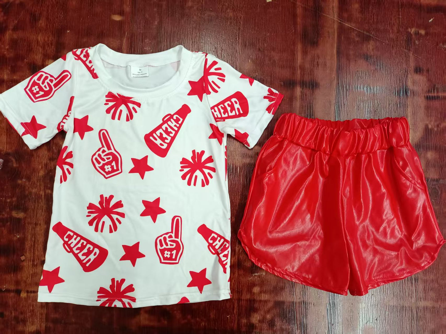 Custom moq 3 eta 6-7weeks baby girl clothes cheer Short Sleeve red leather shiney Shorts Set