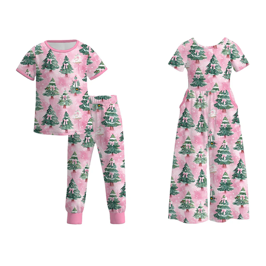 Custom moq 5 each style eta 6-7weeks baby girl clothes Christmas trees pink short sleeve pant sets and jumpsuit