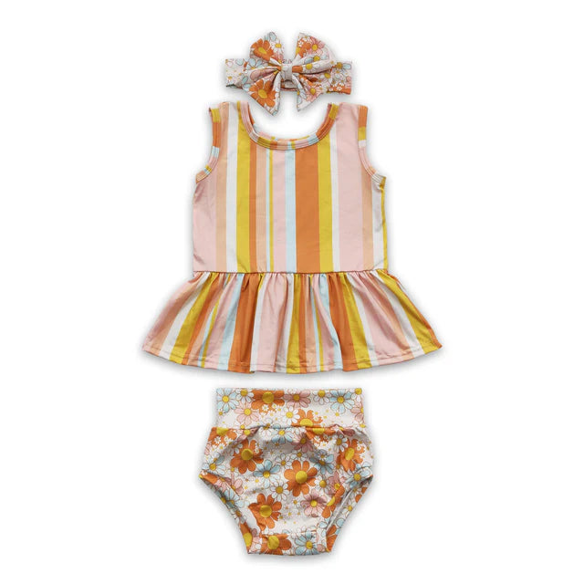 RTS NO MOQ Sibling Baby Girls Flowers Print Stripe Bummie Clothes Sets