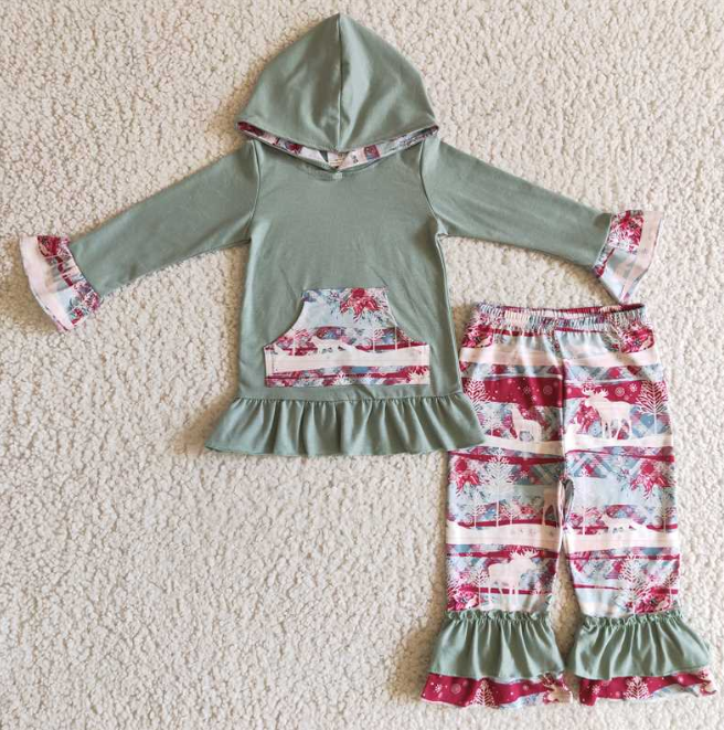 Girls Rustic Woodland Moose Christmas Set, Contrast Ruffle Hoodie & Flare Pants, Matching Dress