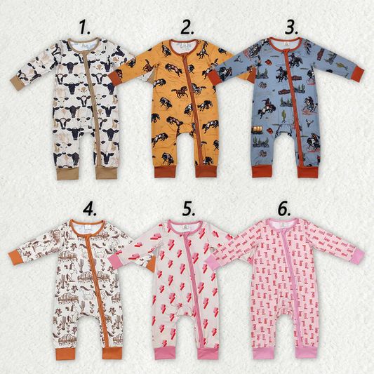 RTS NO MOQ  Baby Infant Boys Girls Western Bamboo Zip Rompers