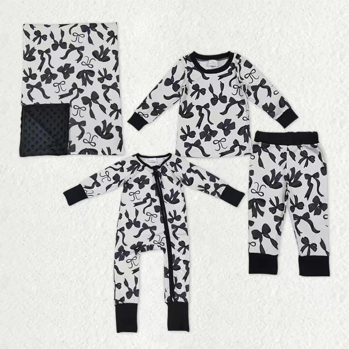 RTS NO MOQ Sibling Baby girls boy clothes bow long-sleeved trousers suit & romper and blanket