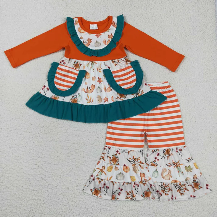 RTS NO MOQ Sibling baby girl clothes halloween pumpkin bow long sleeve pants Sets