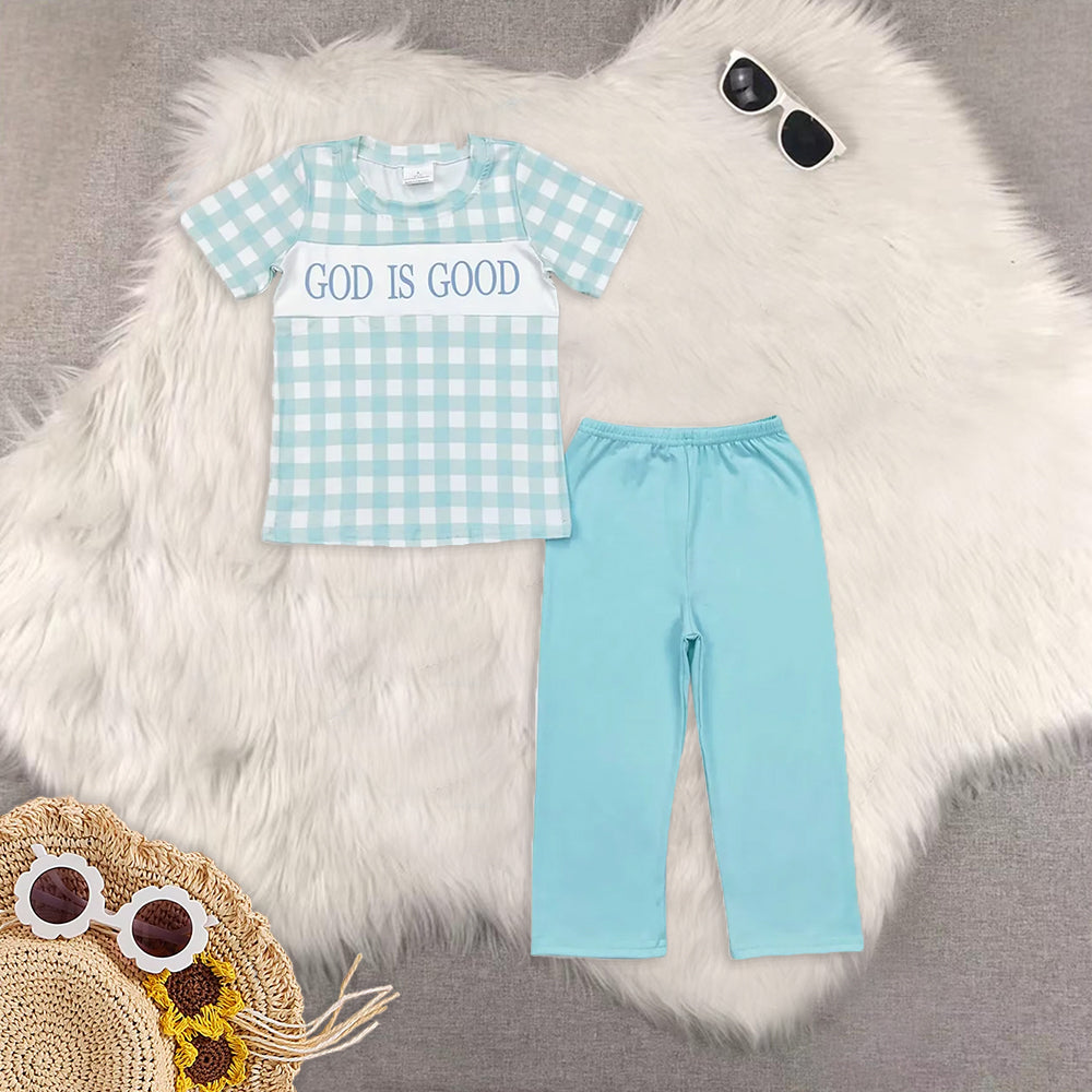 RTS NO MOQ Boys and Girls Sky Blue Short Sleeve Pants Set & Climbing Suit & Short Sleeve Dress