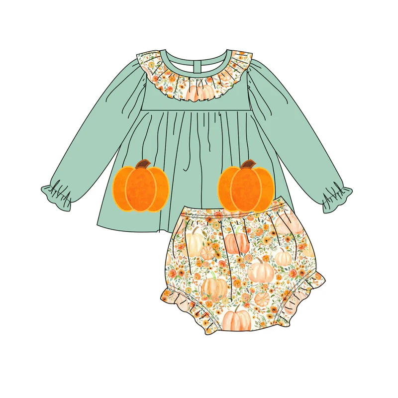 Custom moq 5 each style eta 6-7weeks baby girl pumpkin long sleeve pants and dress and briefs sets and romper