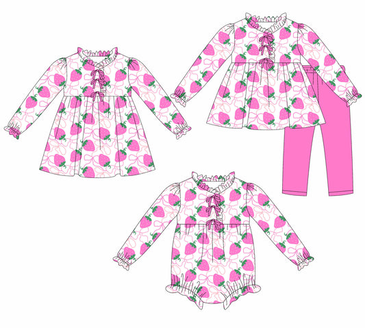 25.10.29 custom each style moq 5 eta 6-8week Sibling Sisters strawberry bow baby girl long sleeve pants sets and dress and rompers match family design