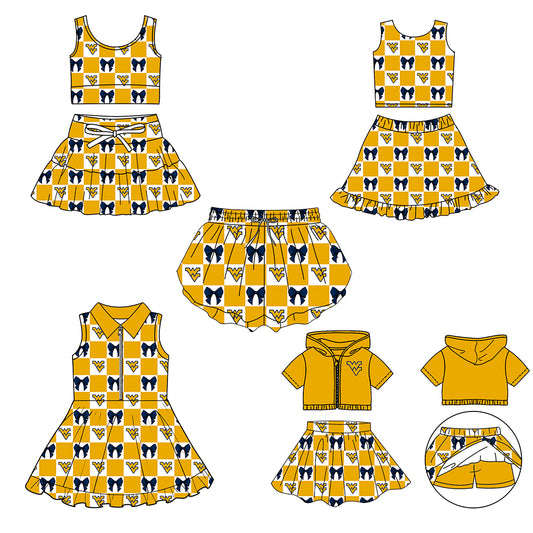 Custom moq 3 or 5 mix size milk silk summer teams baby girl clothes bow yellow sleeveless skirts sets 3 and dresss and shorts-26.1.26