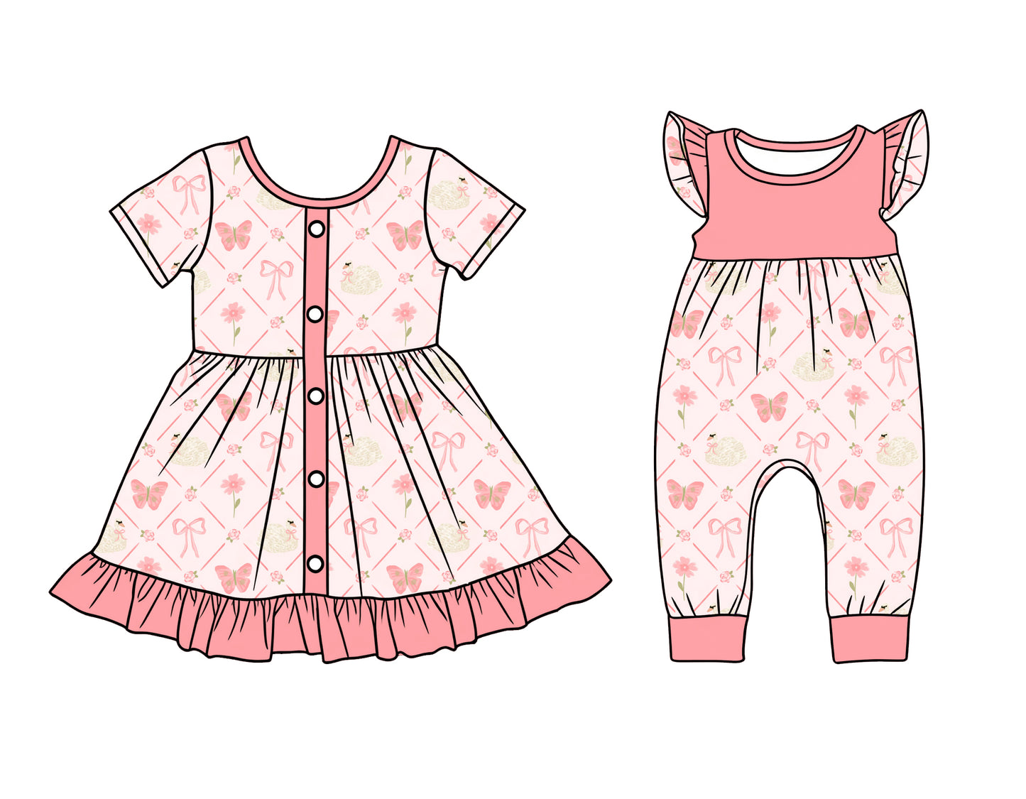 25.12.22 custom each style moq 5 eta 6-8week Sibling Sister bow floral baby short sleeve romper and dress match design