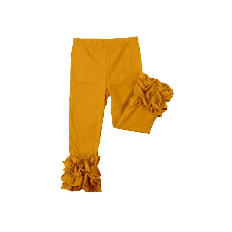 custom moq 5 girls icing cotton pants Mustard yellow pleated ruffled trousers